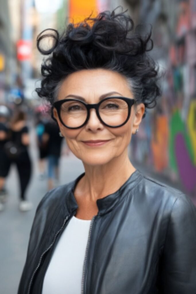 Curly mohawk in hairstyles for women over 60 with round faces and glasses, adding a bold and stylish twist.