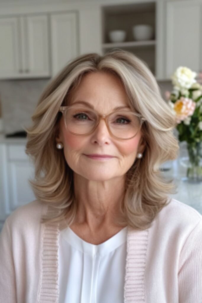 Medium-length layered cut in hairstyles for women over 60 with round faces and glasses, adding movement and versatility.