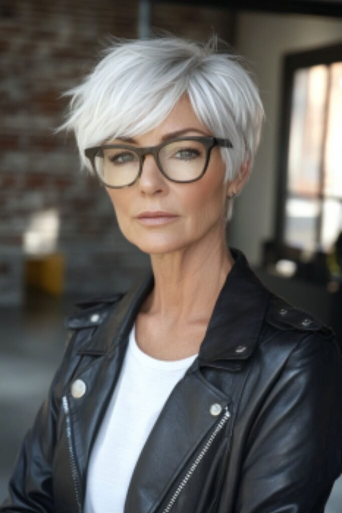 Edgy pixie bob in hairstyles for women over 60 with round faces and glasses, adding body, fullness, and a trendy edge.