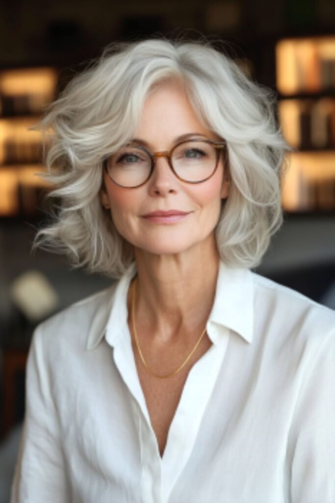 Chin-length textured bob in hairstyles for women over 60 with round faces and glasses, designed to add definition and structure.