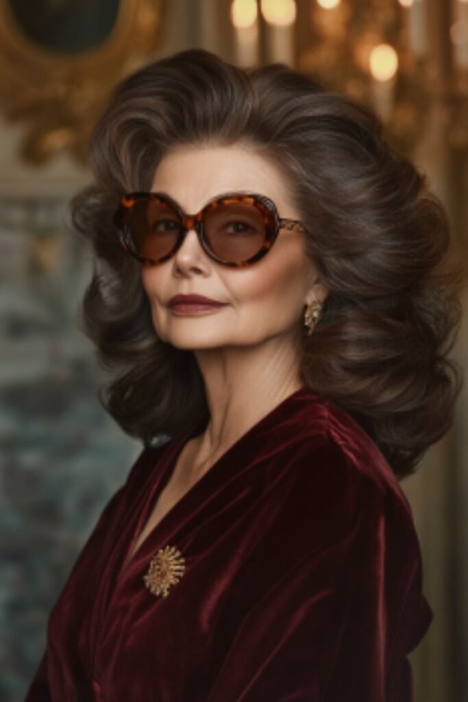 Voluminous waves in hairstyles for women over 60 with round faces and glasses, framing your face and adding youthful bounce.