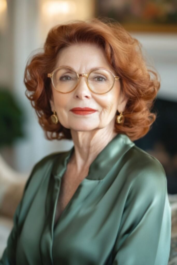 Auburn curls in hairstyles for women over 60 with round faces and glasses, adding warmth, depth, and vibrancy to your look.