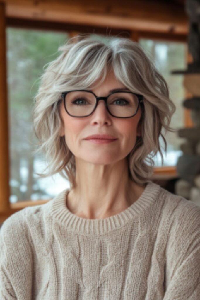 Modern shag in hairstyles for women over 60 with round faces and glasses, adding texture, movement, and a youthful style.