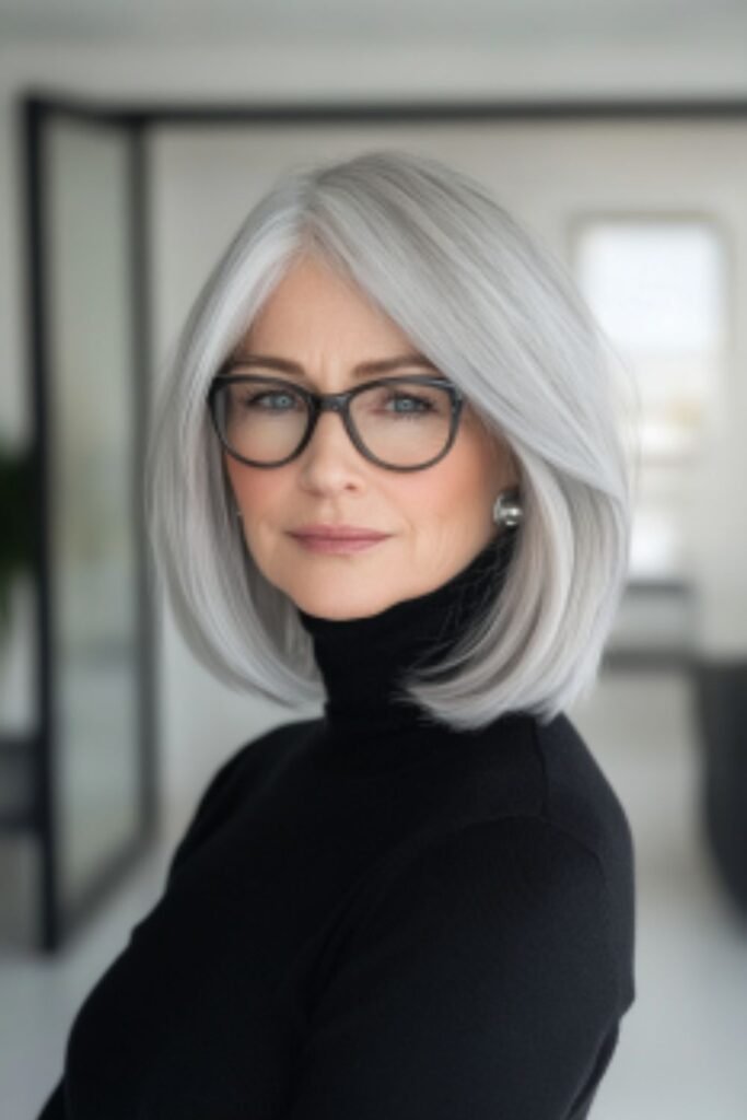 Long bob with gray ombre in hairstyles for women over 60 with round faces and glasses, offering a trendy and polished style.