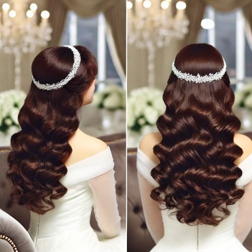 Cascading Curls with Jeweled Headband in Top 20 Korean Bridal Hairstyles for a glamorous and romantic look.