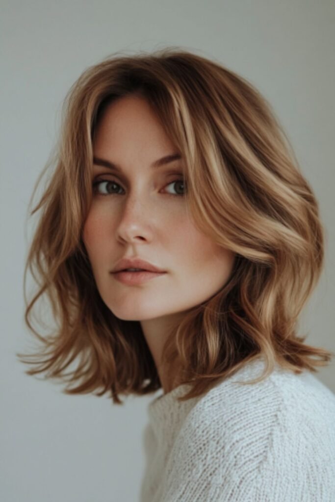 Shoulder-length layers with vibrant texture, great as low-maintenance hairstyles for busy moms.