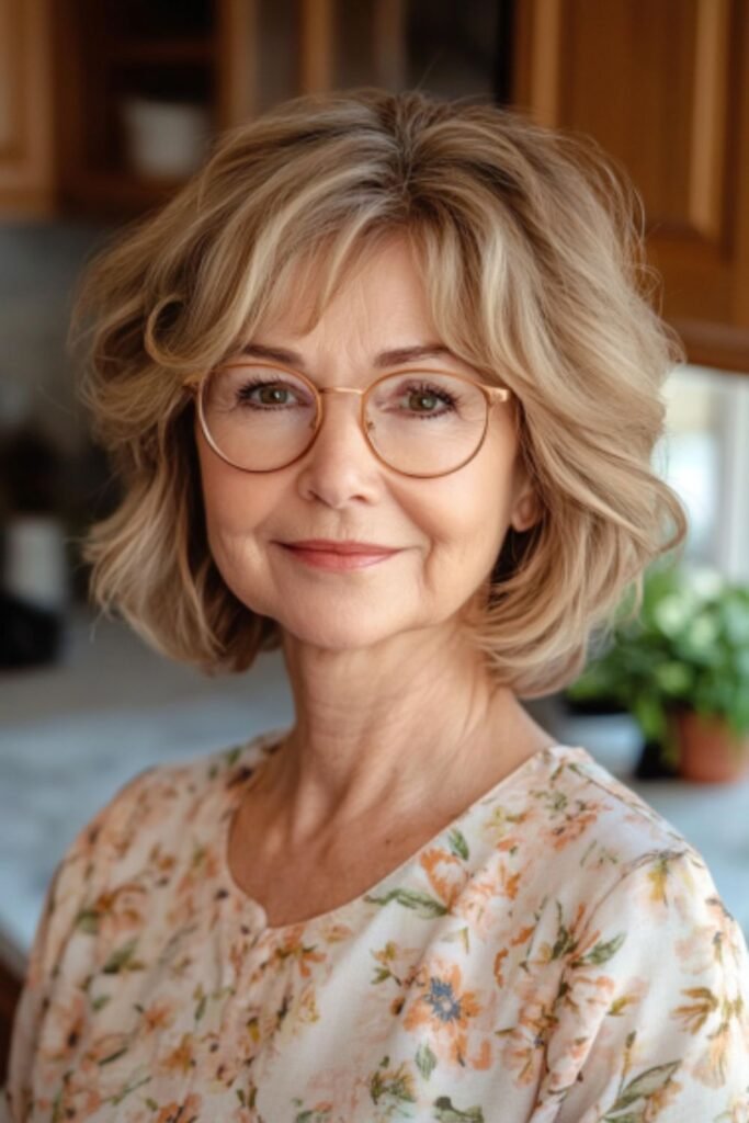 Textured bob with blonde lowlights in hairstyles for women over 60 with round faces and glasses, adding dimension and vibrancy.