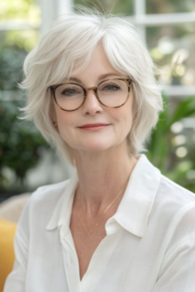 Short feathered hair in hairstyles for women over 60 with round faces and glasses, adding playful wispy layers and bangs.