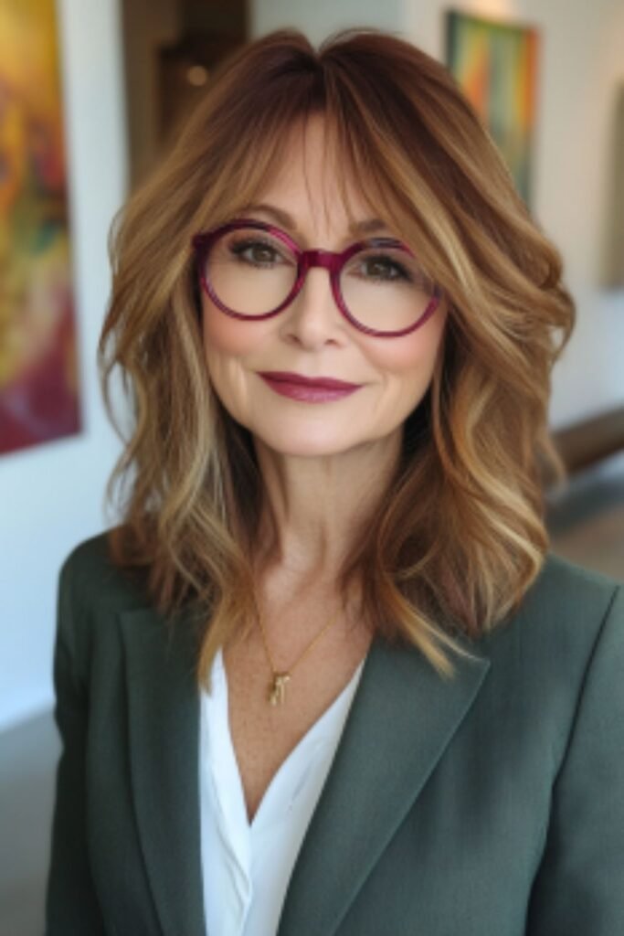 Choppy layers with teasylights in hairstyles for women over 60 with round faces and glasses, adding movement and vibrant color.