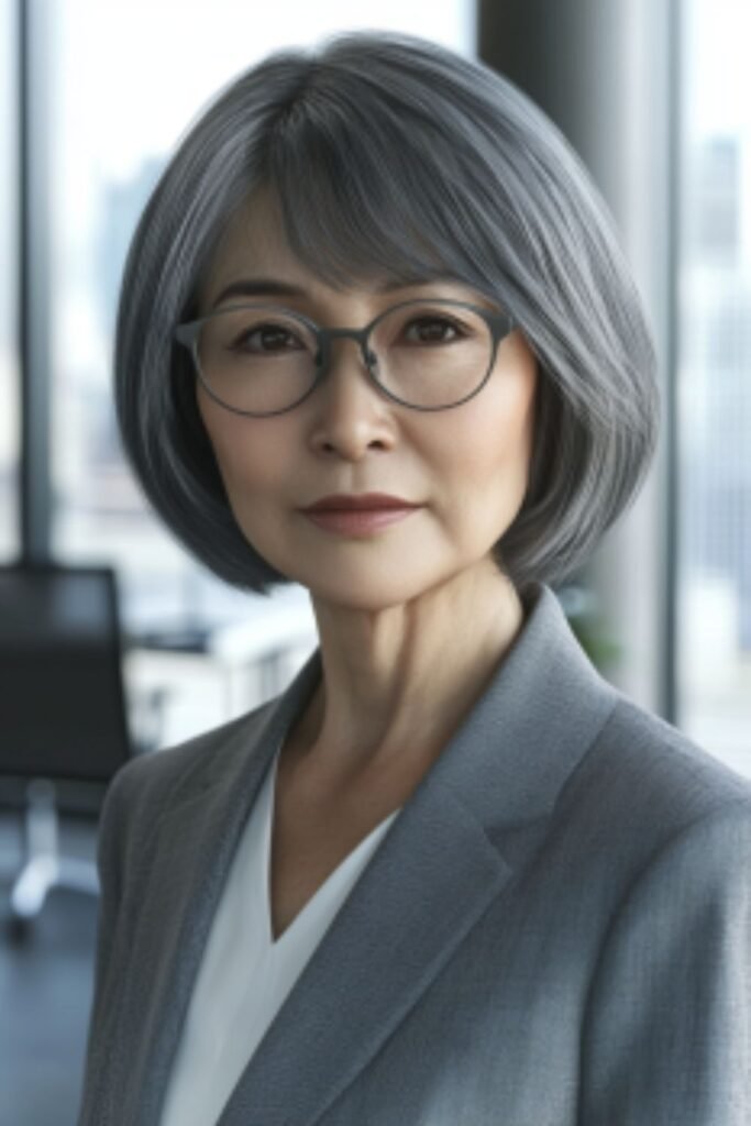 Sleek medium hairstyle with side bangs in hairstyles for women over 60 with round faces and glasses, offering a polished, sophisticated look.