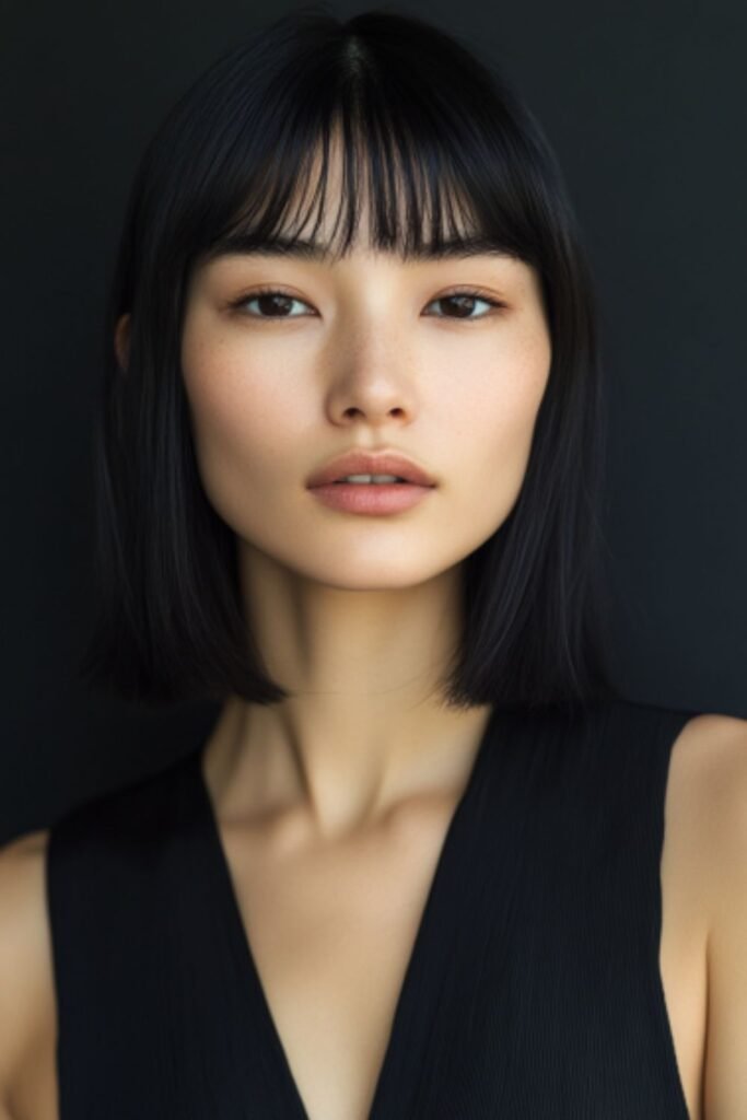 Blunt bangs, a bold and low-maintenance hairstyle for busy moms wanting to make a chic statement.