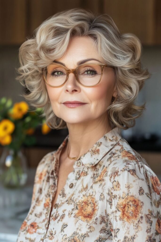 Inverted curly bob in hairstyles for women over 60 with round faces and glasses, adding playful volume and texture.