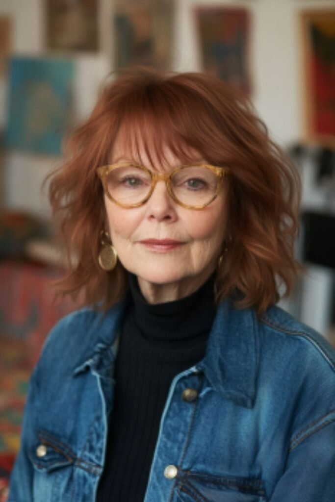 Shaggy mullet in hairstyles for women over 60 with round faces and glasses, creating an edgy, trendy appearance.