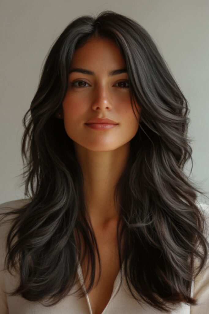 Long layers, a dynamic and low-maintenance hairstyle for busy moms, adding movement and reducing bulk.