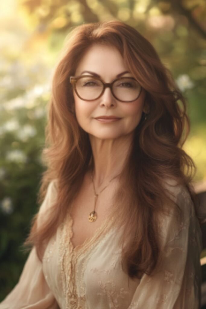 Long layered hair in hairstyles for women over 60 with round faces and glasses, adding length, movement, and texture.