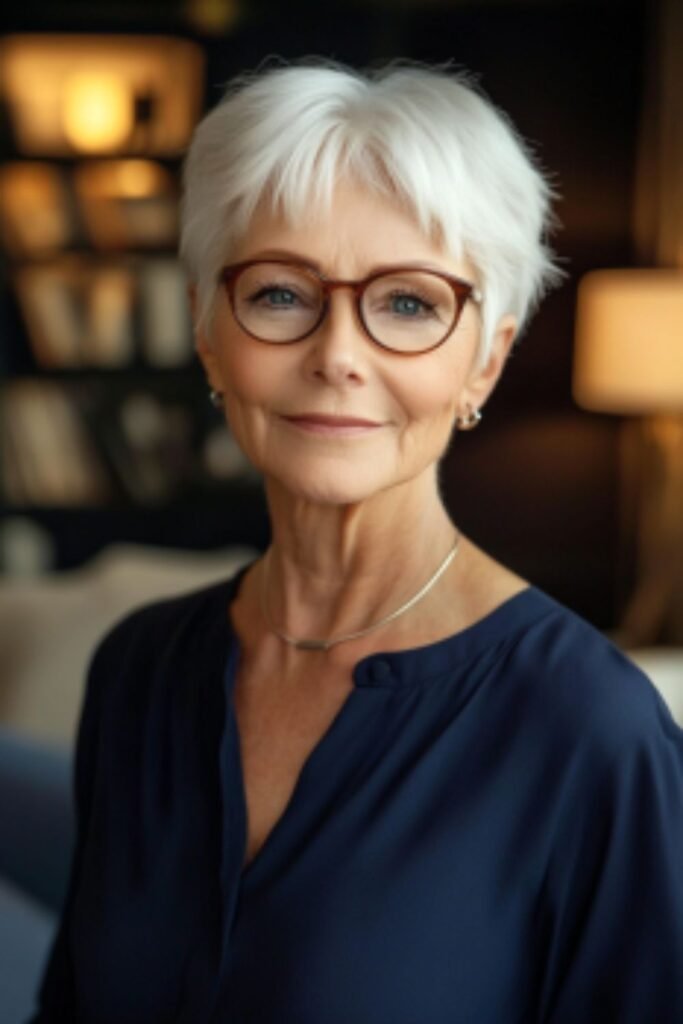 Very short pixie in hairstyles for women over 60 with round faces and glasses, ideal for an easy-to-style, no-fuss haircut.