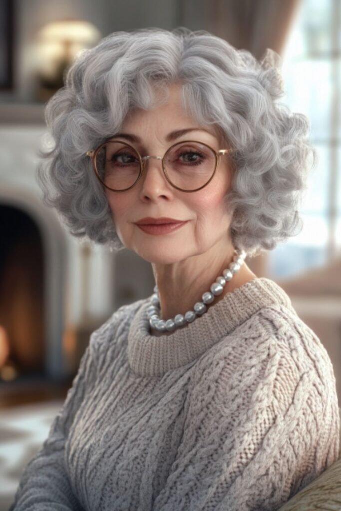 Curly gray hairstyle in hairstyles for women over 60 with round faces and glasses, adding volume and definition for a youthful touch.