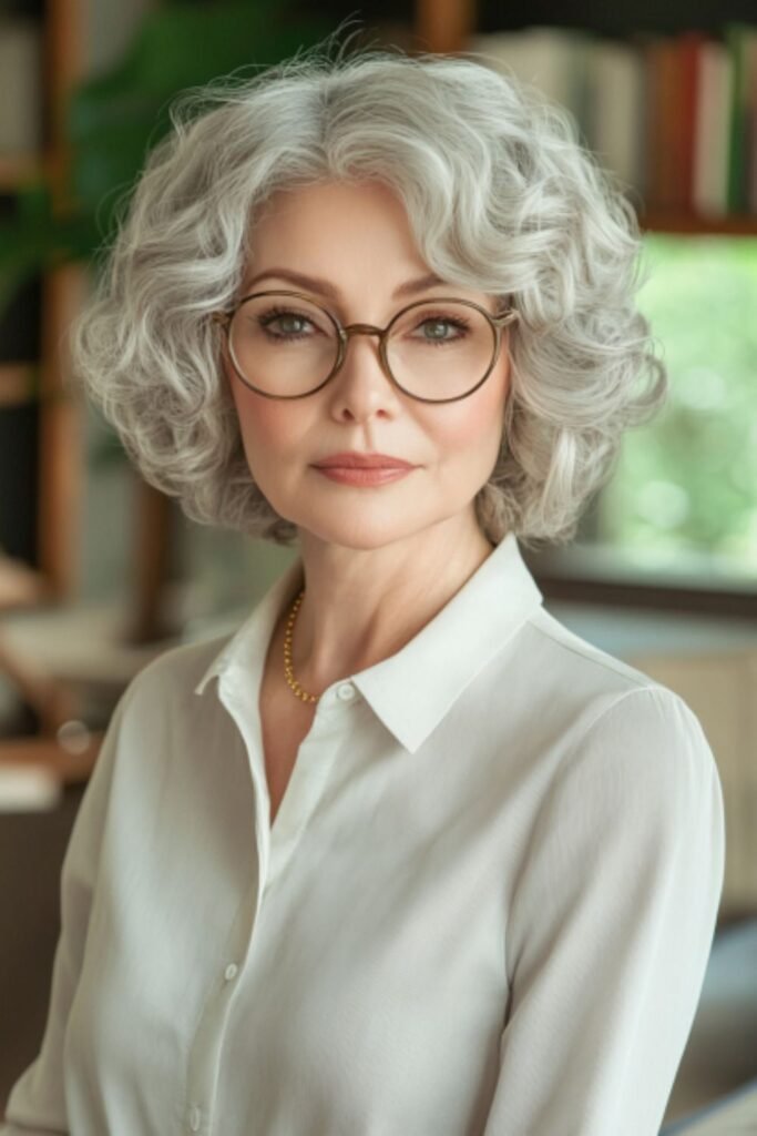 Voluminous curly bob in hairstyles for women over 60 with round faces and glasses, creating a lively and vibrant look.