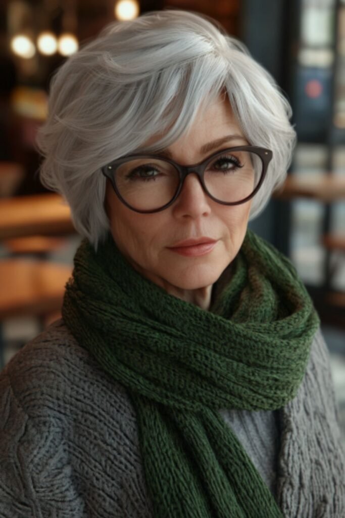 Short shag with layers in hairstyles for women over 60 with round faces and glasses, adding texture and fullness.