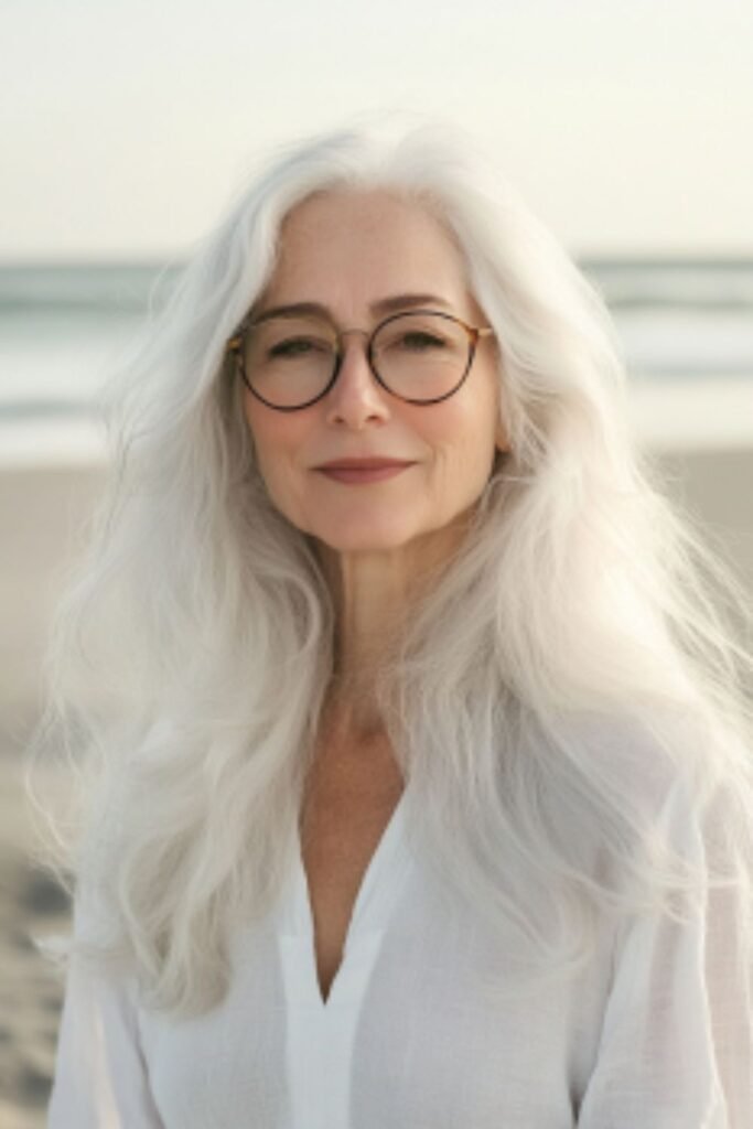 Long white wavy hair in hairstyles for women over 60 with round faces and glasses, offering a striking and elegant style.