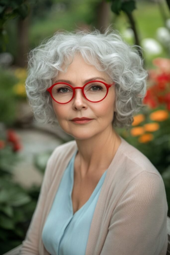 Curly bob in hairstyles for women over 60 with round faces and glasses, perfect for adding volume and softness.