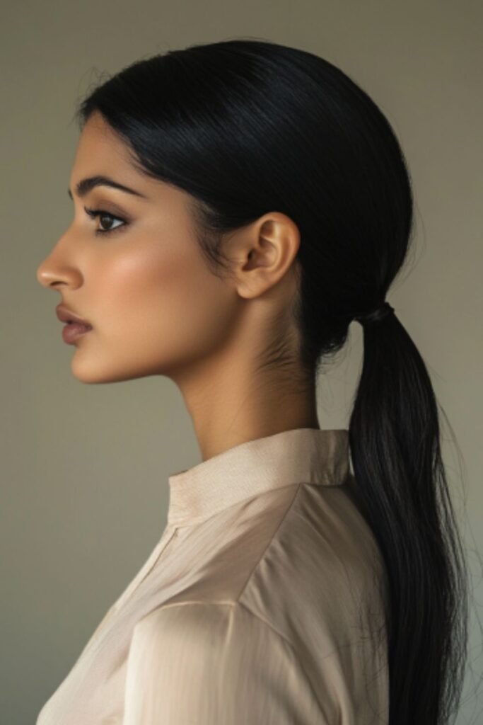 The low ponytail, a classic and low-maintenance hairstyle for busy moms.