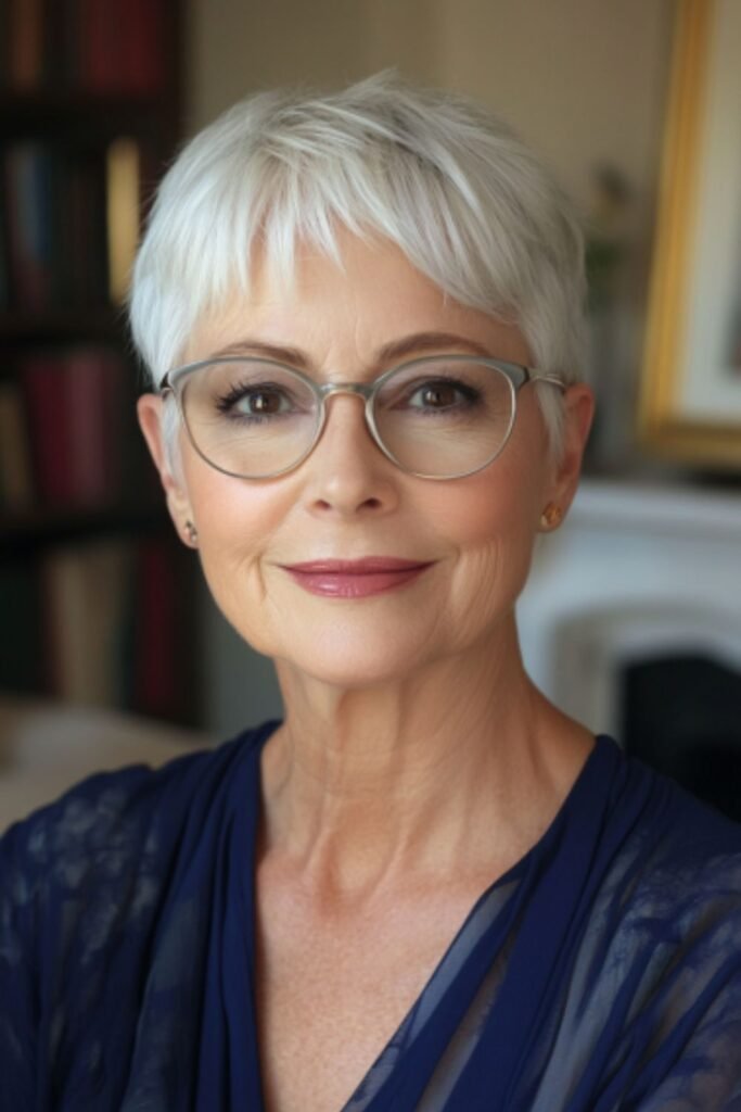 Classic pixie cut in hairstyles for women over 60 with round faces and glasses, creating height and elongating the face.