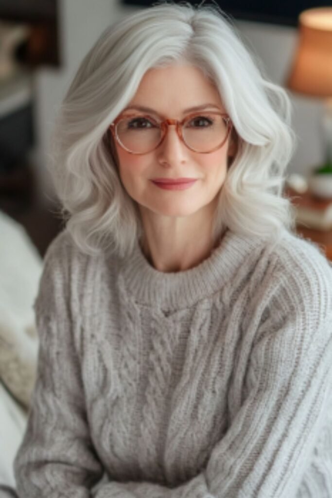 Long bob (lob) in hairstyles for women over 60 with round faces and glasses, offering versatility and elongation.