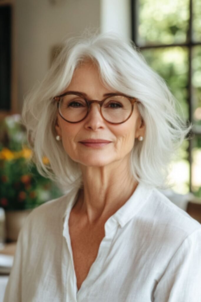 Feathered layers in hairstyles for women over 60 with round faces and glasses, adding softness and movement to hair.