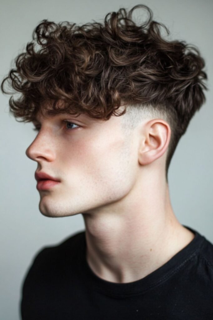 Bold Undercut with Curly Top Highlighting Medium to Tight Curls.