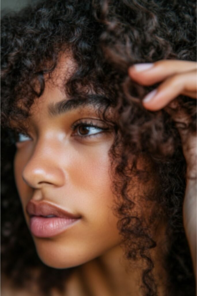 Young woman gently managing her curly hair