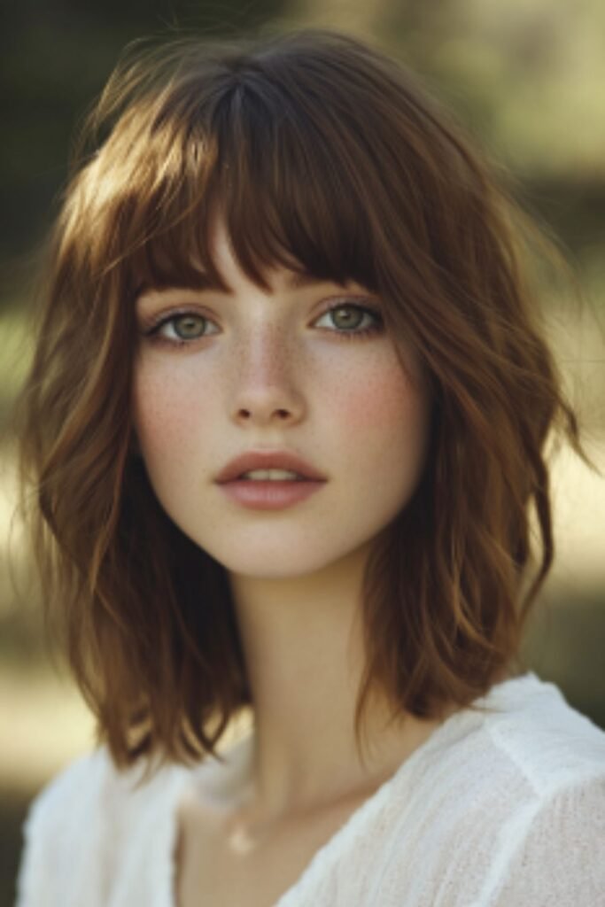 Soft shaggy bob with light fringe brushing across the forehead.