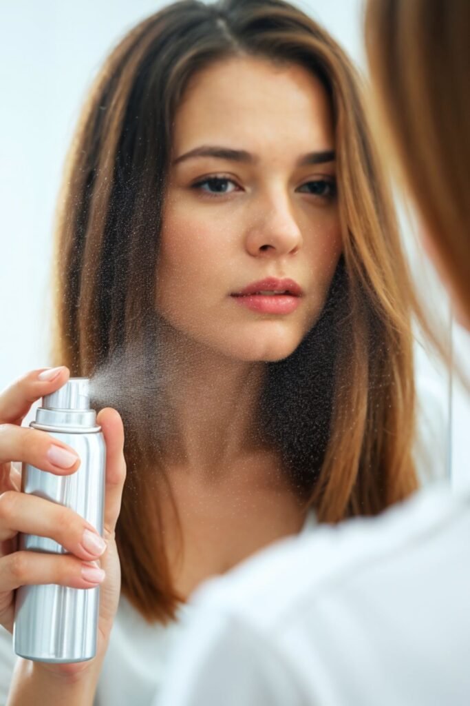 Woman using dry shampoo on her straight hair