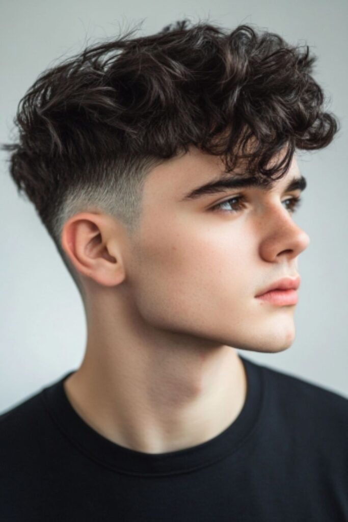 Taper Fade with Voluminous Curly Top for a Modern, Edgy Look.