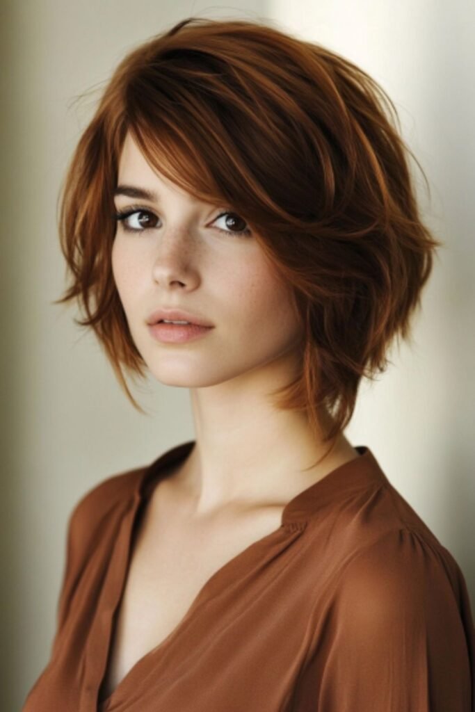 Textured bob with side-swept bangs for a sleek look.