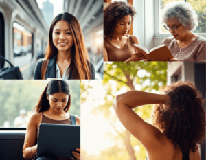 Diverse women engaged in daily activities: a young Asian woman smiling on a train, a Black woman adjusting her curly hair, an older Caucasian woman reading with a younger Black woman, and a Southeast Asian woman working on her laptop in a car.