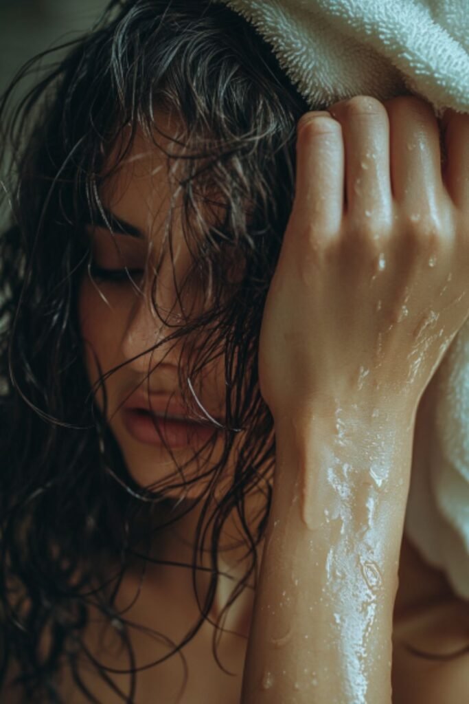 Close-up of wavy hair being styled with a microfiber towel