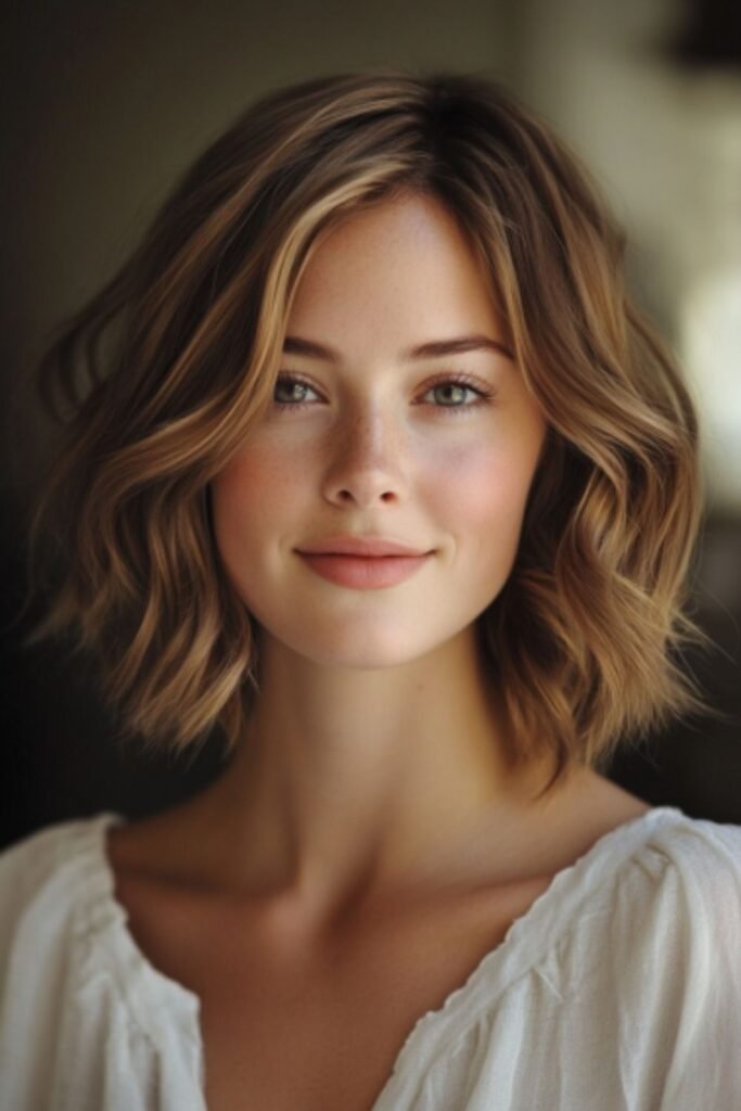 Wavy mid-length bob balancing facial proportions elegantly.