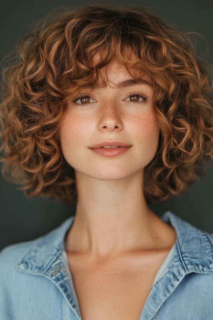 Woman with curly shaggy bob hairstyle enhancing natural texture and volume.