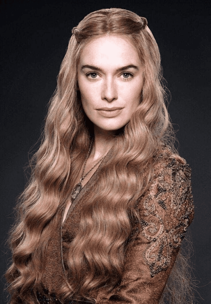 Cersei Lannister with luxurious golden curls symbolizing Lannister wealth and power.